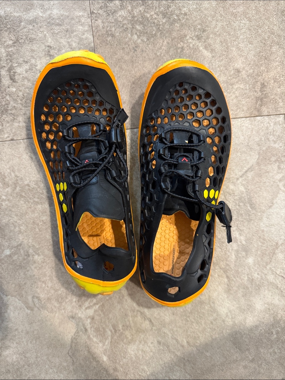 Vivobarefoot Black and Orange Water Shoes with Honeycomb Upper Size 6